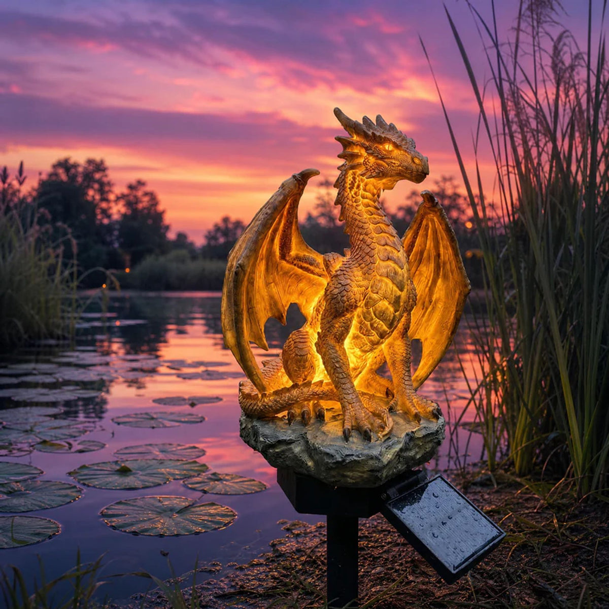 Golden Solar Dragon Statue Light for Garden Outdoor Decor